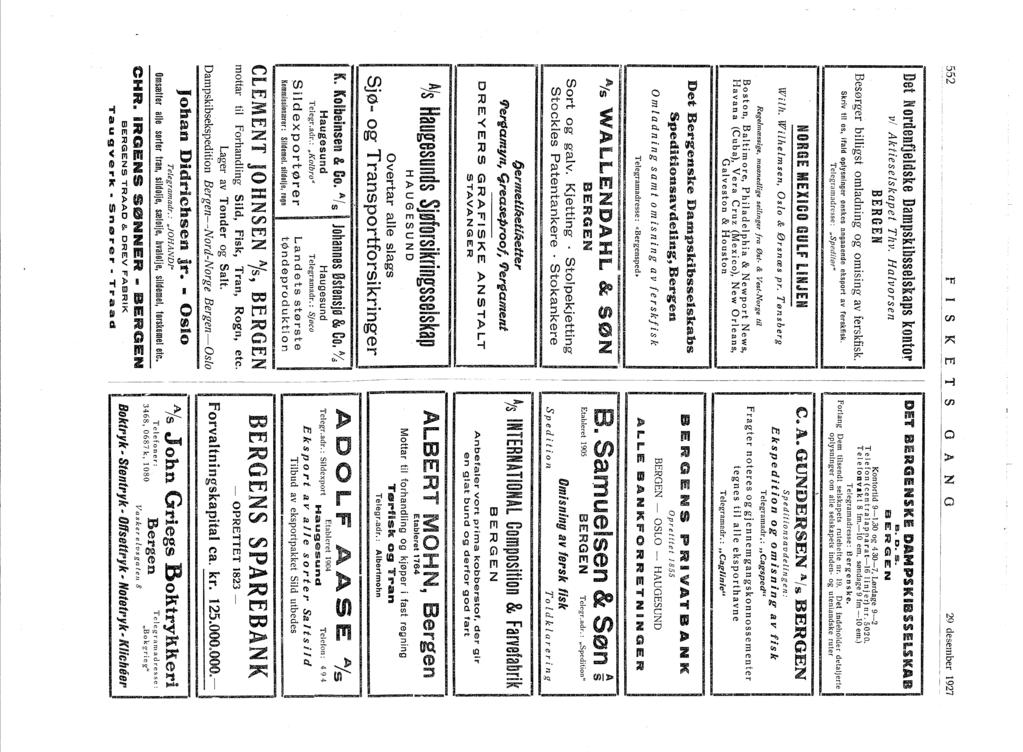 552 f S K E T S o A N O 29 desember 927 ~ Det Nordenfjeldske Dampskbsseskaps kontor v Akteselskape Thv. Halvorsen BERGEN Besørger bllgst omladnng og omsng av ferskfsk.
