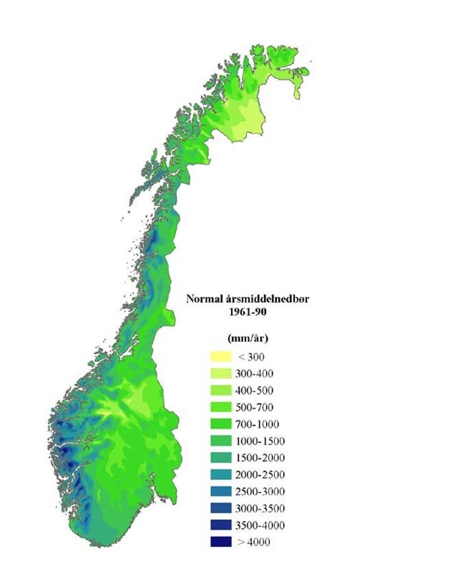 Figur 3. Normal årsmiddelnedbør og fordamping i Norge 1961 90. Tabell 12 viser estimerte kostnader for én måned økt lagringsperiode for blautgjødsel fra storfe og svin.