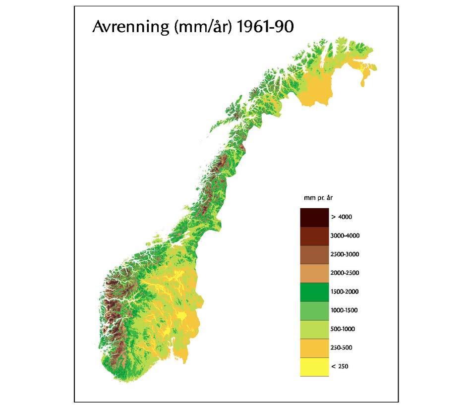 Figur 5. Avrenning (mm/år) beregnet ut fra årlig normal nedbør og fordamping. (Norges vassdrags- og energidirektorat, 2002).
