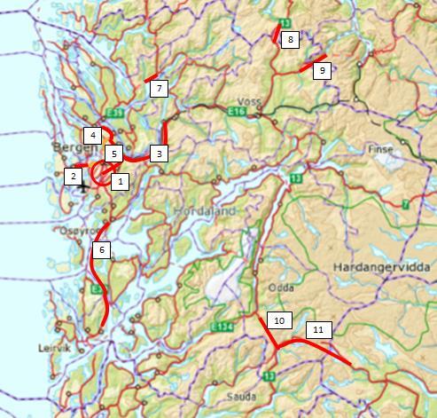 Side 5/6 Vedlegg: Kart over prioriterte prosjekt Omtala prosjekt 1. Byvekstavtale Bergen 2. Rv555 Sotrasambandet 3. E16 Arna-Stanghelle/Vossebana 4.