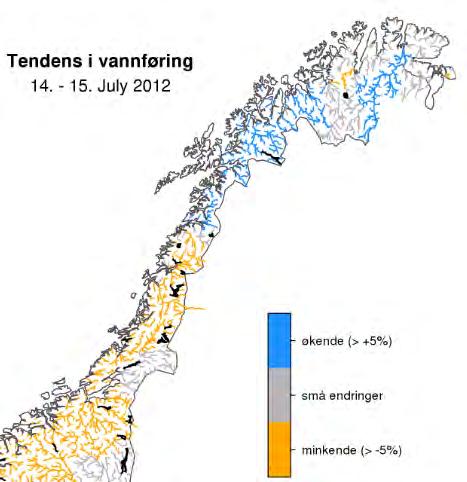 Figur 24. Tendens i vannføring fra 14. til 15. juli 