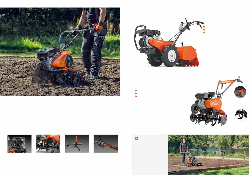 34 JORDFRESERE JORDFRESERE 35 Ergonomisk designet håndtak med komfortabelt, mykt grep og lett tilgjengelige kontroller Ett gir fremover og ett bakover, for enkel drift Større områder Komfortabel bruk