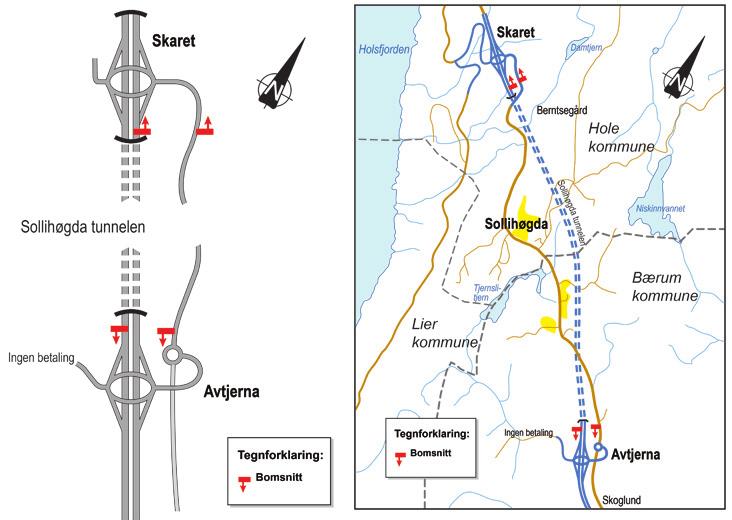 2016 2017 Prop. 46 S 7 Figur 5.1 Forutsatt plassering av bomstasjonene. På dagens E16 vil bomstasjonen for innkreving i sørgående retning bli plassert nord for rundkjøringen ved Avtjerna.