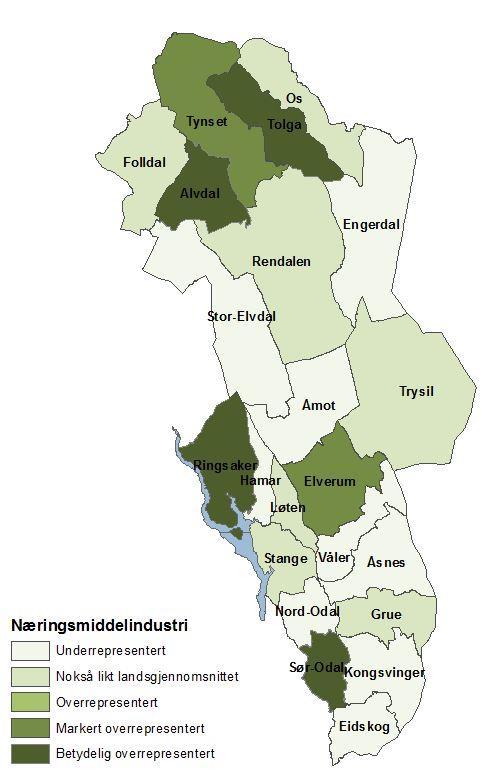 Figur 29 Kart: Næringsmiddelindustriens (ekskl. fiskeforedling) betydning pr. kommune i Hedmark sammenlignet med landsgjennomsnittet. 2014.