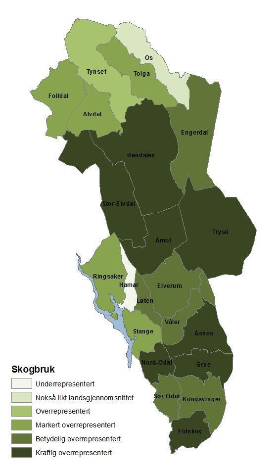 Figur 46 Kart: Skogbrukets betydning pr. kommune i Hedmark sammenlignet med landsgjennomsnittet. 2014. Kilde: SSB bearbeidet av Østlandsforskning 4.4 Sysselsetting i skogbasert industri 4.4.1 Sysselsetting nasjonal Skogbasert industri kan grovt deles inn i trelast- og trevareindustri, papir- og papirvareindustri og møbelindustri.