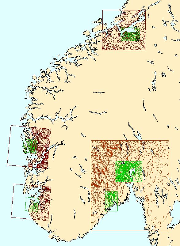 Figur 1. MM5-områder 2004/2005. Høydekurver med 100m ekvidistanse for 3km-områdene (brune), og med 50m ekvidistanse for 1km-områdene (grønne).