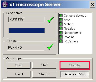 Wait until Server state shows Stopped, then click Standby on the xt Microscope Server dialog box (see Figure 12). Figure 12 xt Microcsope server dialog box 9.
