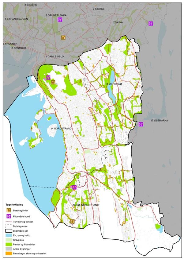 Figur 5.4. Infrastruktur for friluftsliv i byen, byområde sør (2015) 7. 5.3.1 Parker og friområder I Oslo kommune er det om lag 800 parker og friområder av ulik størrelse.