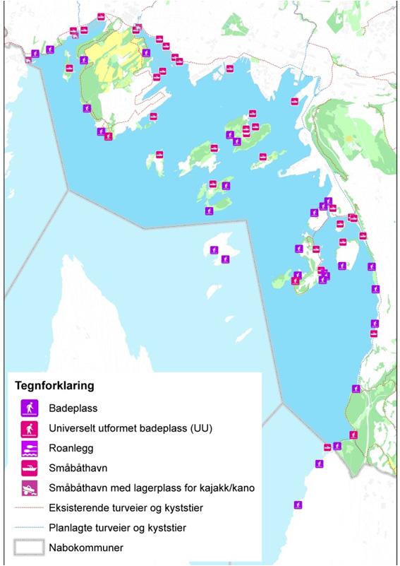 5.4 Friluftsliv på fjorden og øyene Friluftslivsområdene knyttet til fjorden og øyene gir muligheter for naturopplevelse og friluftslivsaktiviteter som turgåing, rasting, bading, fritidsfiske,