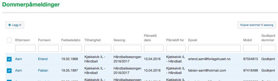 Velg da ved å hake av helt til venstre, foran dommers Etternavn, på den/de en ønsker melde på og klikk på knappen Kopier dommer til sesong (ligger oppe til høyre i