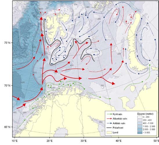 Elles er det dei nordlege kystane av Noreg og Russland som avgrensar havet mot sør, Novaja Semlja mot aust, og eggakanten mot Nordishavet nord av Frans Josefs land og Svalbard mot nord.