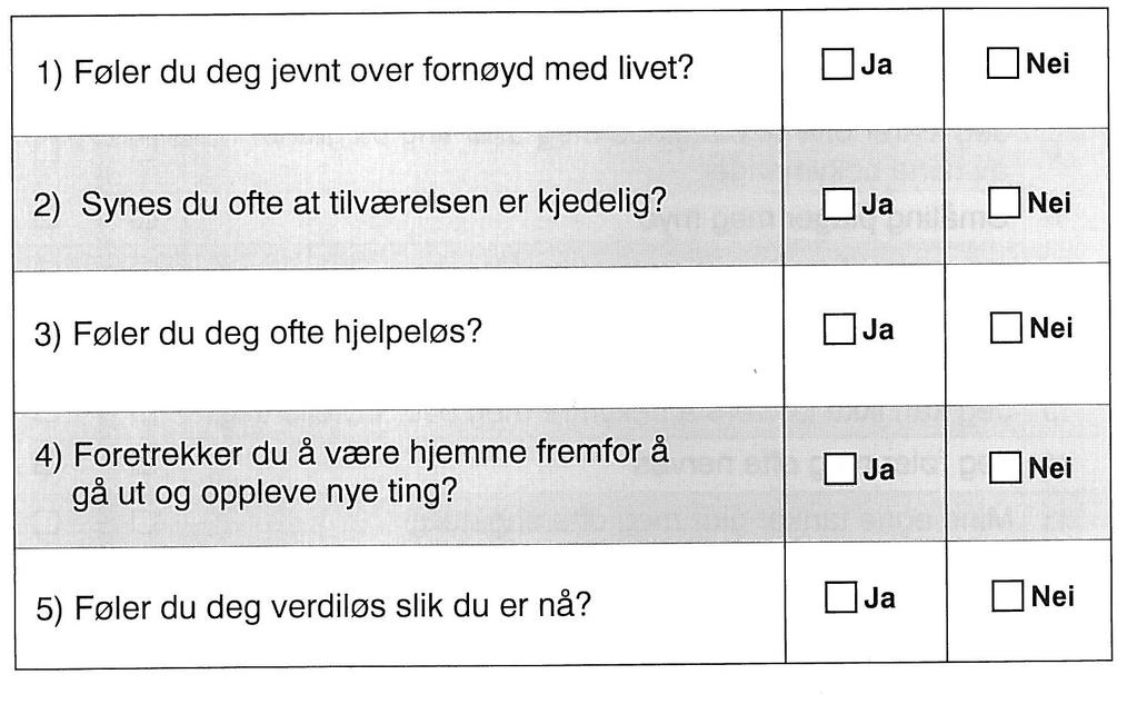 GDS-5 NEI på spørsmål 1 gir 1 poeng,