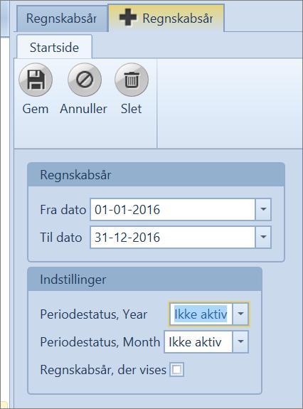 Regnskapsår foreslås som året etter det seneste regnskapsår, i eksemplet 2016, da 2015 er det seneste regnskapsår, som er opprettet. regnskapsåret opprettes med 12 perioder (12 måneder).