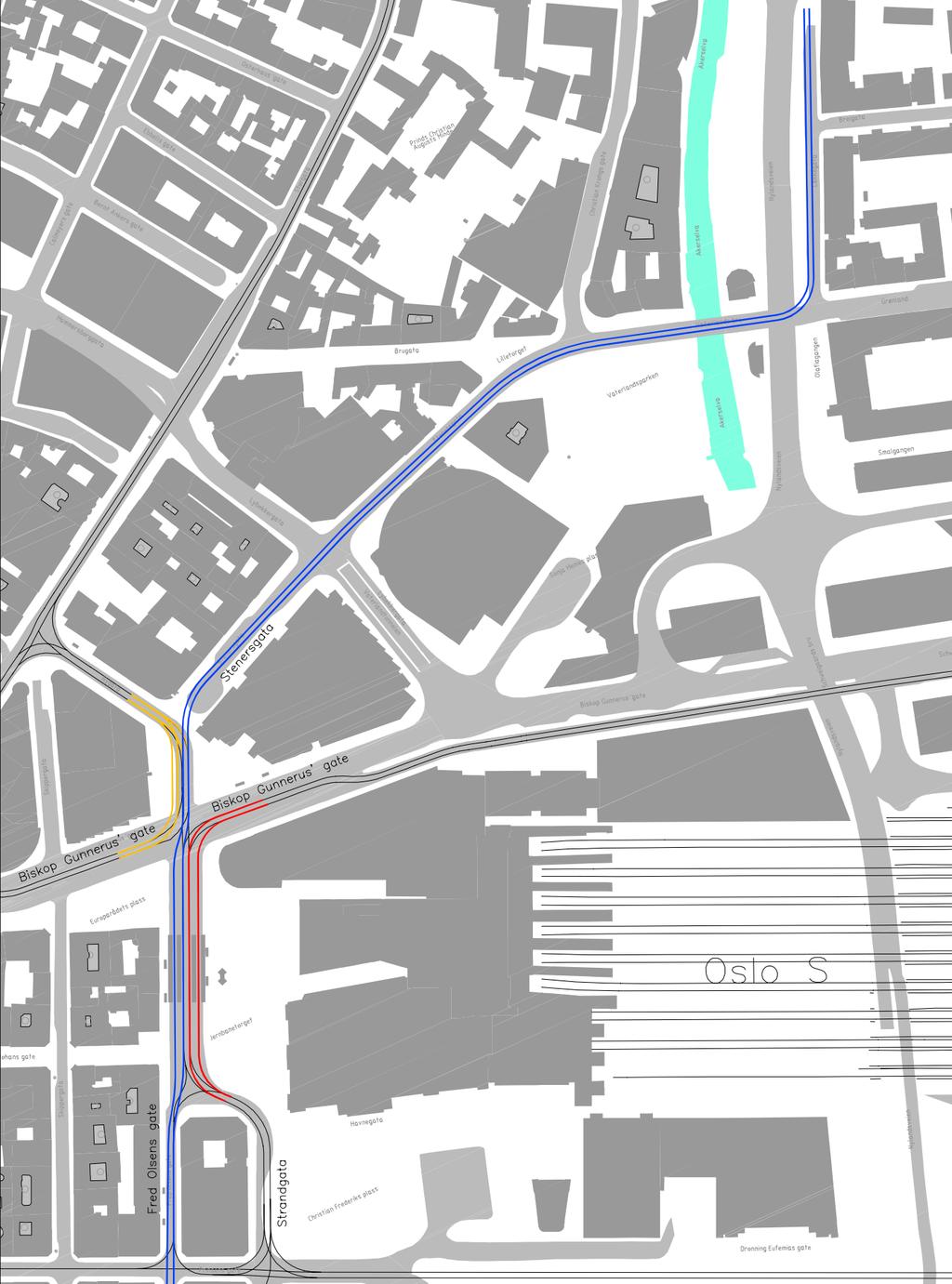 Side 12 (herunder et betydelig antall bybusser). Nedenfor er det vist en skisse til hvordan dette kan løses. Figur 15: Skisse med fire trikkespor på Jernbanetorget (rød, blå og oransje farge).