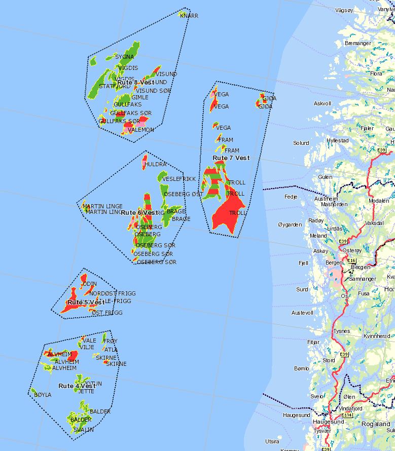 Ruteinndeling Område 2 Vest 62 N Knarr Sygna Murchison Vigdis Statfjord Visund Gimle Gullfaks Valemon Vega Gjøa Fram Troll Huldra