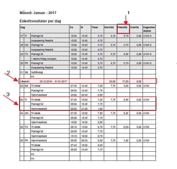 Du får opp følgende tabell 1. Kolonne «Fleksitid viser om du komme ut i minus eller pluss for dagen. 2. Du får en ukesum der du kan sjekke om hva du kommer ut i minus eller pluss for uken 3.