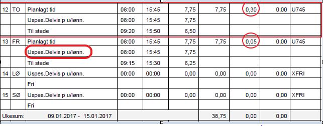 Ulønnet permisjon uten permisjonsplan Hvis du har ulønnet permisjon, og bestemmer deg for å spre den ut over hele uken (litt hver dag), vil ikke tabellen synliggjøre dette.