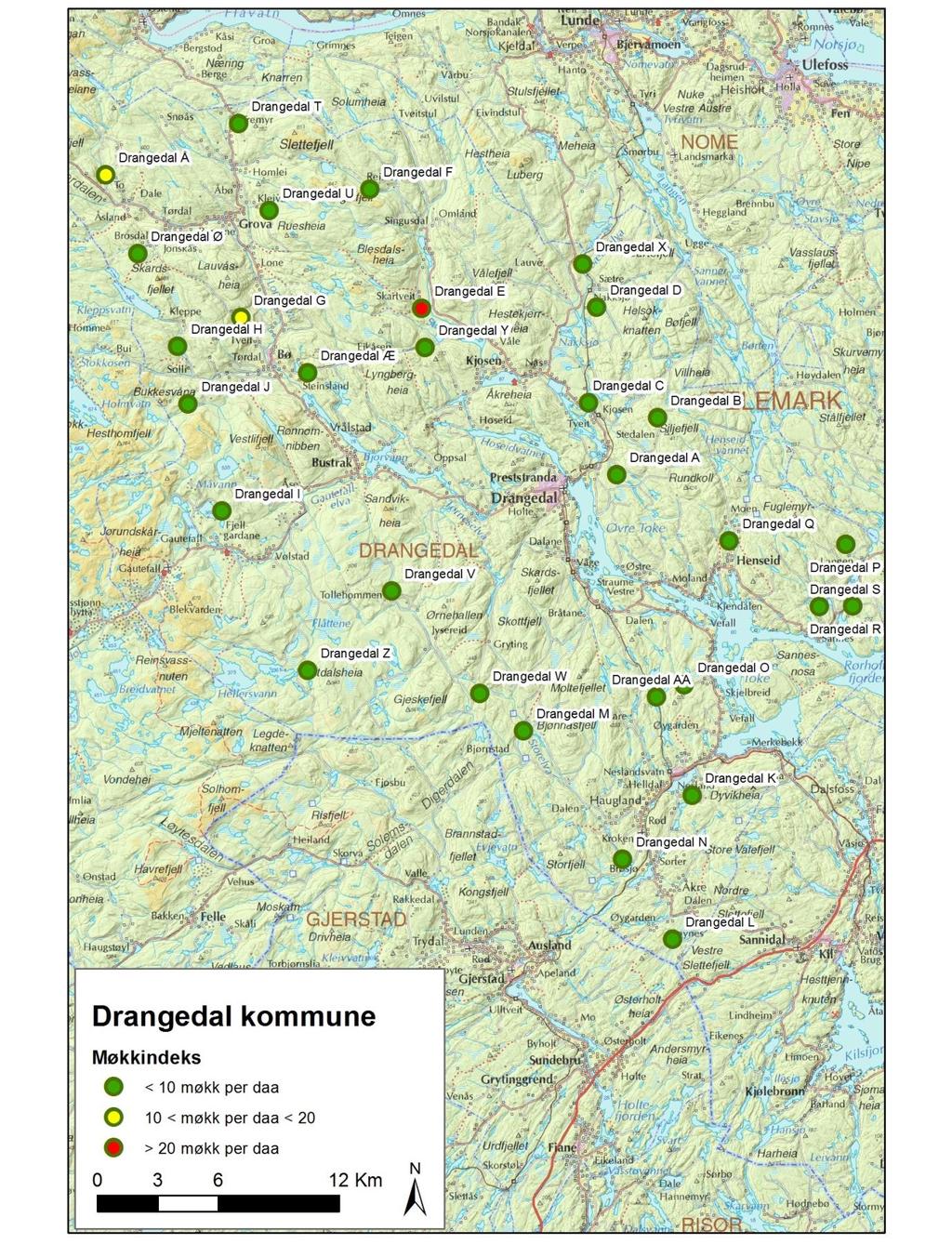 Resultat Kartfigurer Figur 4. Gjennomsnittlig møkktetthet i de takserte bestand i Drangedal i 2014.