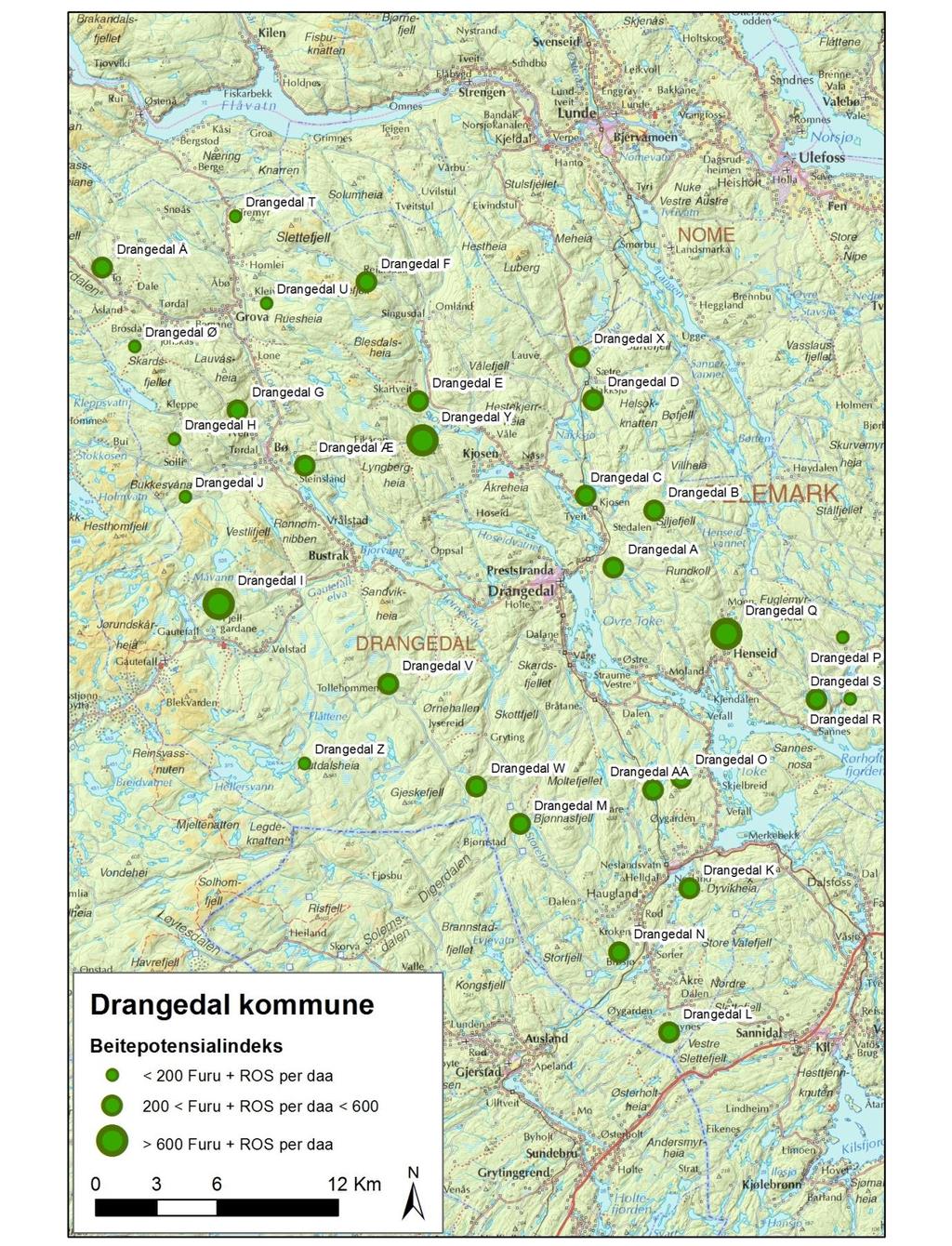 Figur 6. Beitepotensialet i de takserte bestand i Drangedal i 2014.