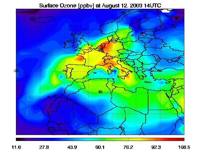 EKSTREMVERDIER AV OZON VED BAKKEN Beregnet bakkeozon under varmebølgen i August 2003 Verdiene høye nok til å gi betydelige