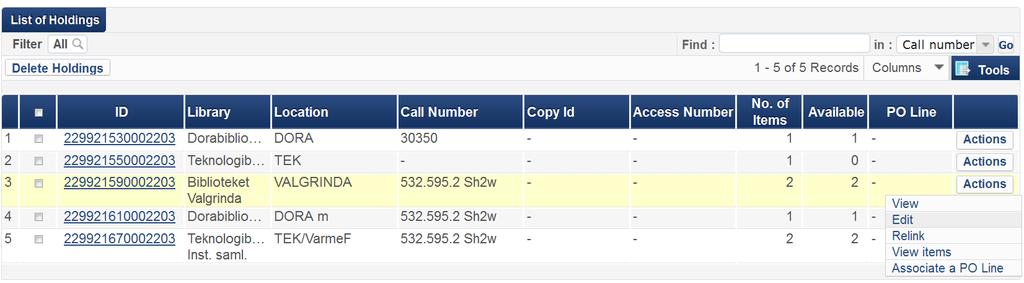 1) Velg All Titles og søk opp posten for eksemplarene du vil flytte: 2) Velg Holdings Siden List of Holdings åpnes: 3) Velg Actions > Edit i nedtrekksmenyen for beholdningsposten du ønsker å endre