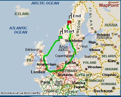Microsofts MapPoint (tidlig 2005) gir forslag til korteste vei fra Haugesund til Trondheim. Via bl.a. London. 1685.9 miles.