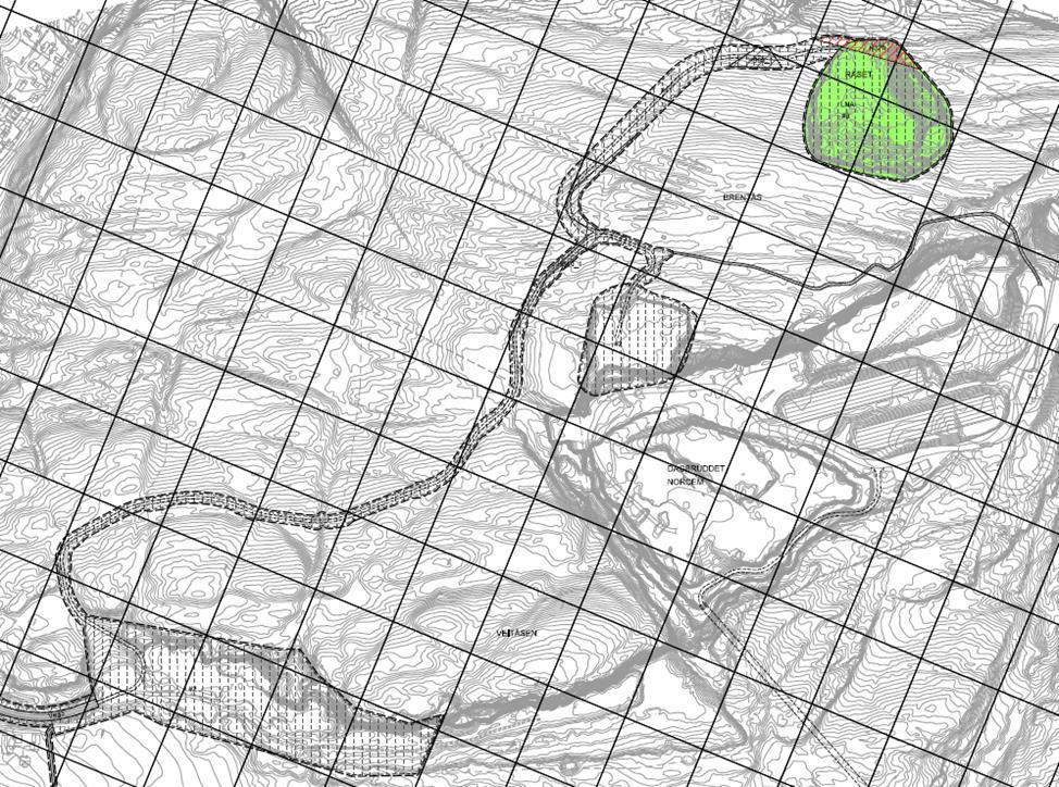 Forslag til revidert plankart Anleggsveg og anleggsområde, alternative løsninger Utsnitt av