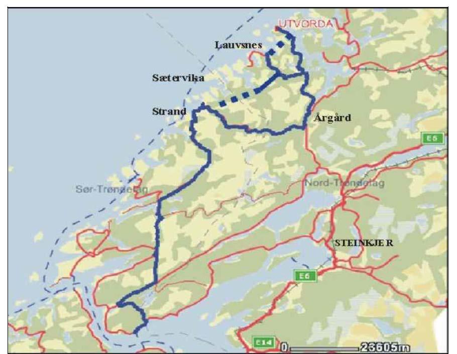 Figur 25 Kart som viser foreslåtte vegtiltak (stiplet linje) ved forbindelse mellom Strand i Osen og Jøssund i Flatanger, samt forbindelsen fra Lauvsnes til Utvorda i Flatanger kommune Omlegging fv.