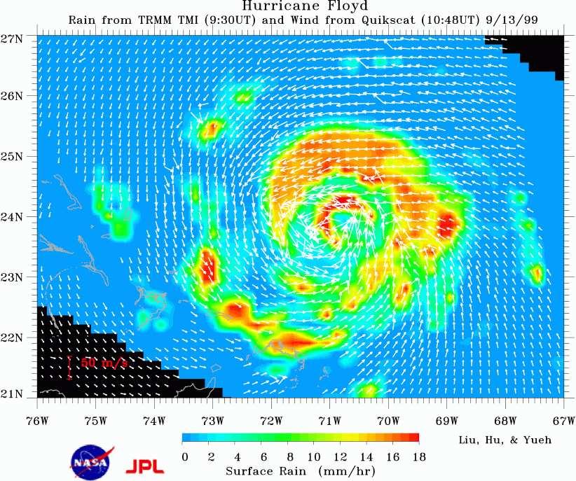2.7. VEKTORFELT. STRØMLINJER OG FELTLINJER 19 Figur 2.6: Vind- og nedbørsfeltet i syklonen Floyd i Mexico Gulfen 13. september 1999.