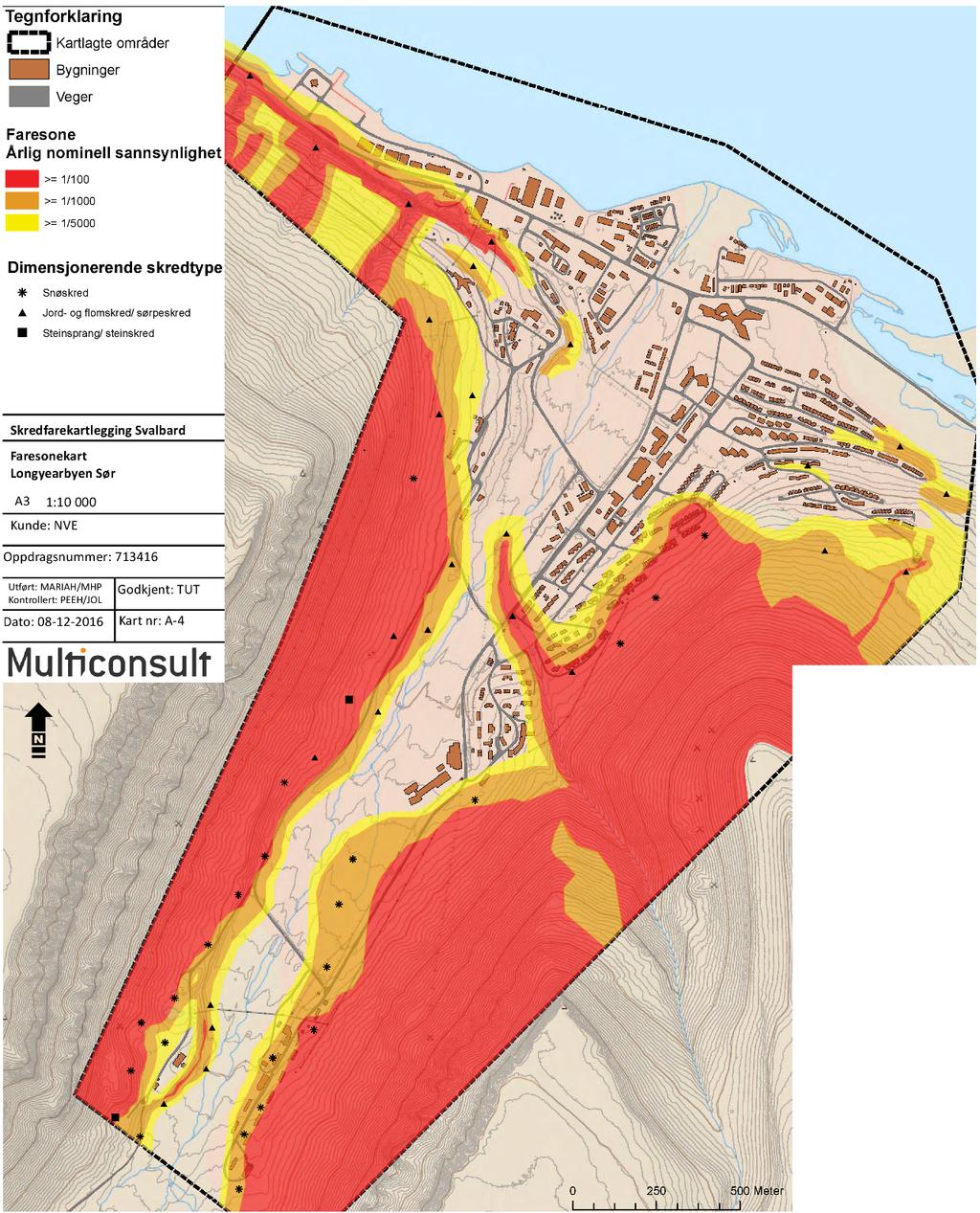 Figur 2-1 Kart over skredutsatt bebyggelse i Longyeardalen i henhold til kartleggingen fra