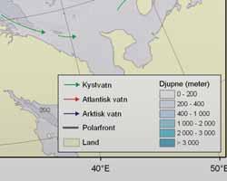 Frå sørvest kjem også det varme, salte, atlanterhavsvatnet, som dels følgjer kontinentalsokkelen vidare nordover langs Svalbard, og dels kjem inn i sjølve Barentshavet.