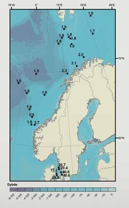KAPITTEL 2 ØKOSYSTEM NORSKEHAVET HAVETS RESSURSER OG MILJØ 29 69 2.2.2 FORURENSNING Overvåking av marint miljø omfatter blant annet målinger av polyaromatiske hydrokarboner (PAH) i sedimenter.