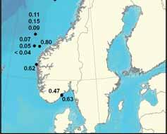 Videre tilsvarer konsentrasjonene de vi har funnet i Norskehavet tidligere på 2-tallet, men her er sammenligningsgrunnlaget noe dårlig. Figur 2.2.2.2 viser at konsentrasjonene i Kattegat er 1 2 ganger høyere enn i Norskehavet.