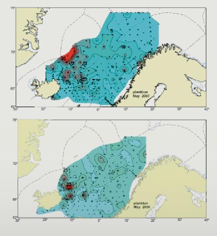 74 HAVETS RESSURSER OG MILJØ 29 KAPITTEL 2 ØKOSYSTEM NORSKEHAVET 2.3.2 SEKUNDÆRPRODUKSJON (DYREPLANKTON) Mengden dyreplankton i Norskehavet har gått ned de siste årene.