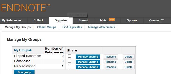 Dele en gruppe EndNote 1. Velg Organize 2. Velg Manage My Groups 3. Hak av i boksen ved siden av Manage Sharing for å velge gruppe du ønsker å dele. 4. Velg Start sharing this group 5.