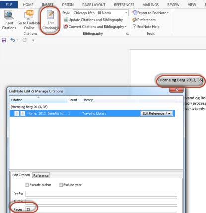 Klikk Edit Citations 3. Legg til sidetall i feltet Pages 4.