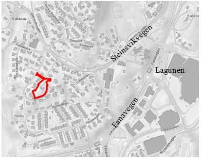 planforslag for fortetting i et område i Ytrebygda bydel på Holtaåsen, sør for Steinsvikvegen. Til venstre: Oversiktskart m/plangrense. Til høyre: Planforslaget.