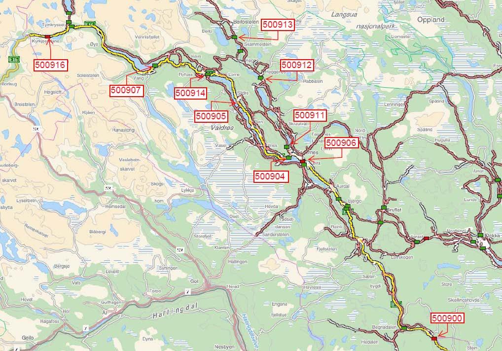 Figur 5: Tellepunkter i NORTRAF (NVDB). Trafikkmengdene på E16 mellom Begnadalen og Filefjell varierer noe mellom 2200 ÅDT ved Begnadalen, ca. 7500 ÅDT nord for Leira og ca.