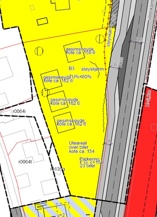 Utsnitt av gjeldende reguleringsplaner i området. Byåsveien 180 ligger i gult område midt på utsnittet I plankartet er tomtegrenser tatt inn med rød tynn strek. Skole og barnehage.