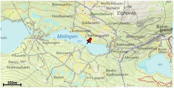 Metoder Områdebeskrivelse Melingen er en innsjø i Vågå kommune i Oppland fylke, som ligger på 754 moh. og er 0,43 km² stort. Hoved fiskearten er ørret, men det er også mye ørekyte i vannet.