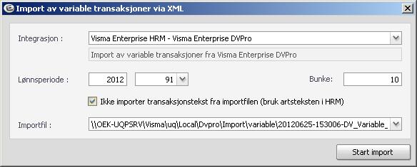 DVPro: Beskrivelse på integrasjonen: Import av variable transaksjoner fra Visma Enterprise DVPro Lønnsperiode: I første rute registreres året og i neste perioden. Gat har bunkenr.