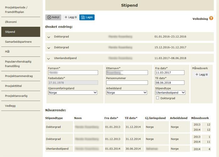 3. Stipend Her vises prosjektets godkjente stipender og her kan du melde inn nye opplysninger om stipendiaten; navn, personnummer, fra- og til-dato for stipendperioden,