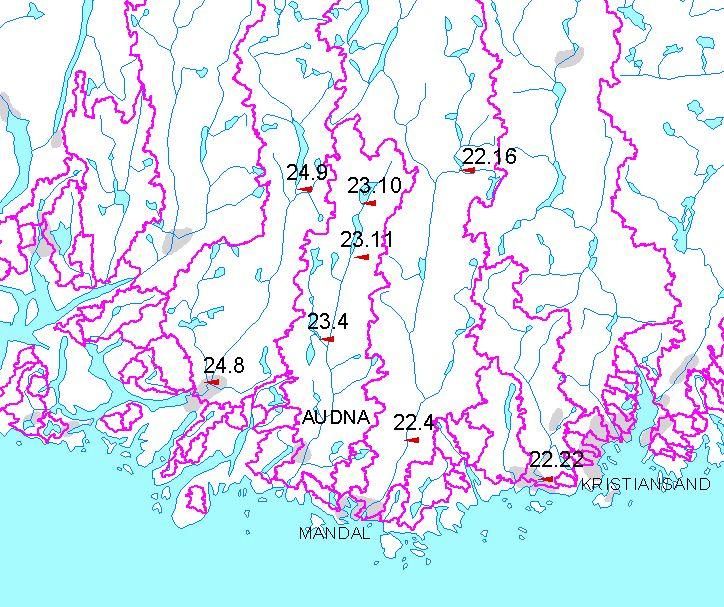 3. Hydrometriske stasjoner I kartet nedenfor (figur 6) er beliggenheten til avløpsstasjoner i og i nærheten av Audna vist. Noen sentrale feltparametere for stasjonene er gitt i tabell 3.