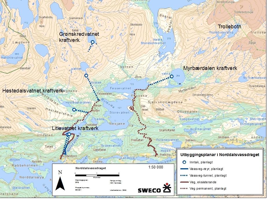 32 3.20 Samla belastning Norddalsvassdraget er i dag rørt av kraftutbygging gjennom fråføring av Svartevatnet til Indrehus (4,4 km²), Blåbrevatn til Åskara (4,8 km²) og Storebotnvatnet til Svelgen