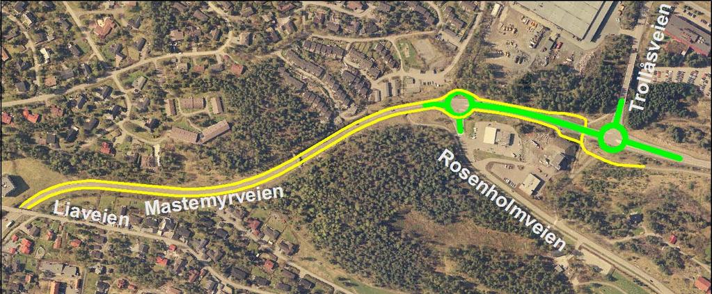 . 3.4 Alternativ med eget sykkelfelt langs Mastemyrveien Beskrivelse og konklusjon: Det er vurdert å lage et sykkelfelt langs Mastemyrveien (separert med rekkverk).