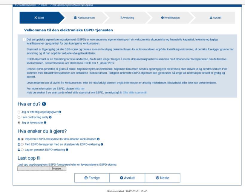 Leverandøren må derfor først gå inn på Doffin og laste ned det ESPD-skjema som oppdragsgiver har lagt ut ifm konkurransen. Deretter kan leverandøren gå inn på følgende nettside: https://ec.europa.