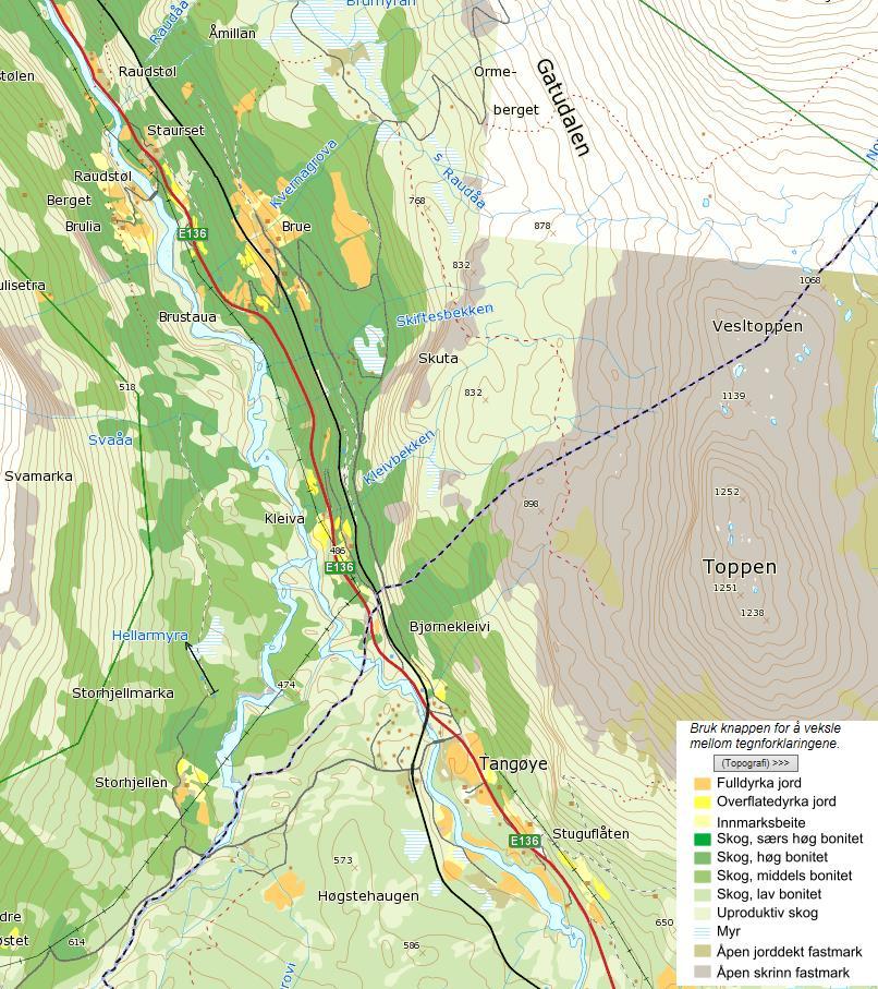 Markslagskart viser at det meste av skogen i influensområdet har høy bonitet, men inntil Rauma og særlig i sør, er det partier med skog av lav og middels bonitet (figur 10).
