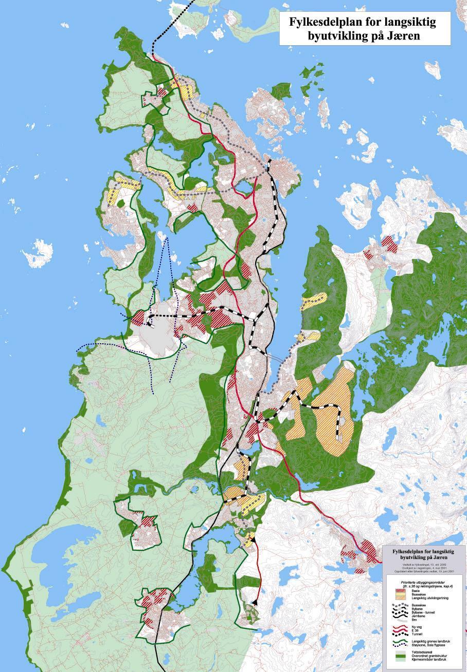 Fylkesdelplan for langsiktig byutvikling på Jæren Arbeidsplassintensive virksomheter skal lokaliseres i sentrene, ved holdeplasser til jernbane/bybane eller langs kollektivtransportens