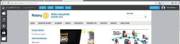 Klubbens hjemmeside Nett-adressen er: klubbnavn.rotary.no Endringer kan gjøres på klubbnavn.rotary.no/admin En svart linje på topp og til venstre viser at du er i endre-modus.