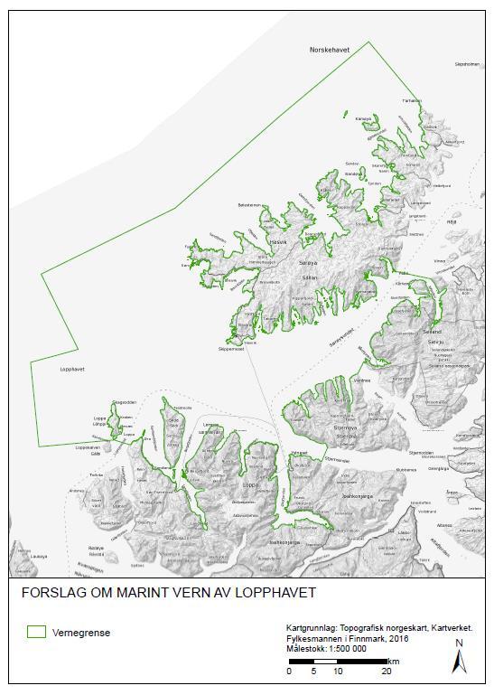 Foreslått verneområde i 2009 Areal 3362 km2 Verneinteresser Inngrepsfritt område Rik bunnfauna korallrev Alpint kystlandskap Kulturminner Brukerinteresser Fiskeri Havbruk Skipstrafikk